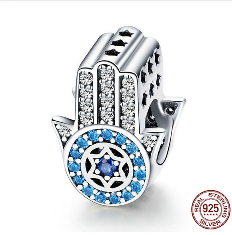 100/% Genuine 925 Sterling Silver Blue Trendy Lucky Element Fatima Hamsa Hand Charm Beads fit Charm Bracelets /& Bangles DIY Jewelry