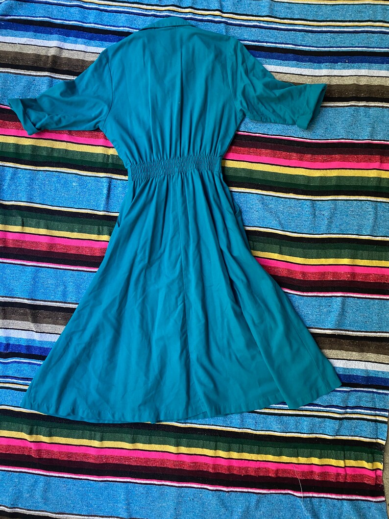 80/'s sz S Teal Ideas Button Down Collared Fit and Flare Elastic Waist Midi Shirtdress 1980/'s Vintage Mod Workwear Streetwear Small