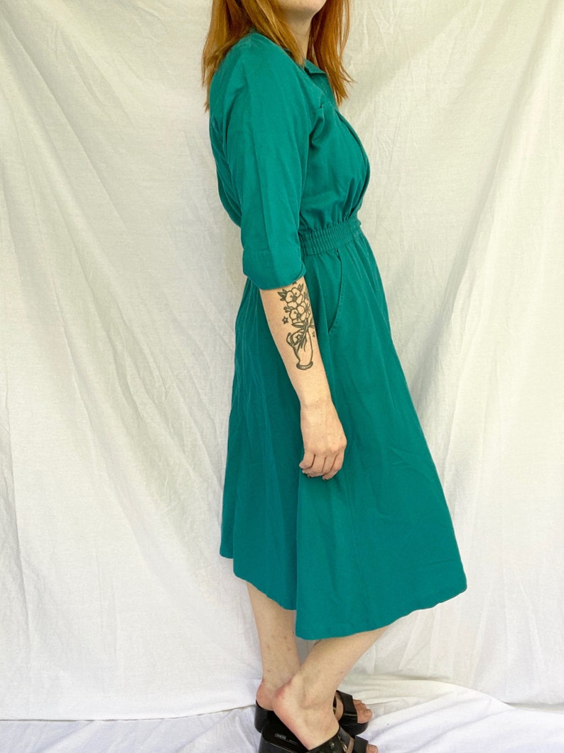80/'s sz S Teal Ideas Button Down Collared Fit and Flare Elastic Waist Midi Shirtdress 1980/'s Vintage Mod Workwear Streetwear Small
