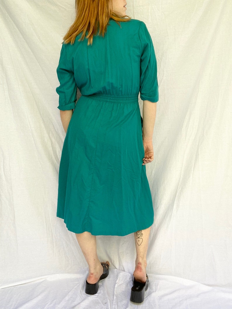 80/'s sz S Teal Ideas Button Down Collared Fit and Flare Elastic Waist Midi Shirtdress 1980/'s Vintage Mod Workwear Streetwear Small