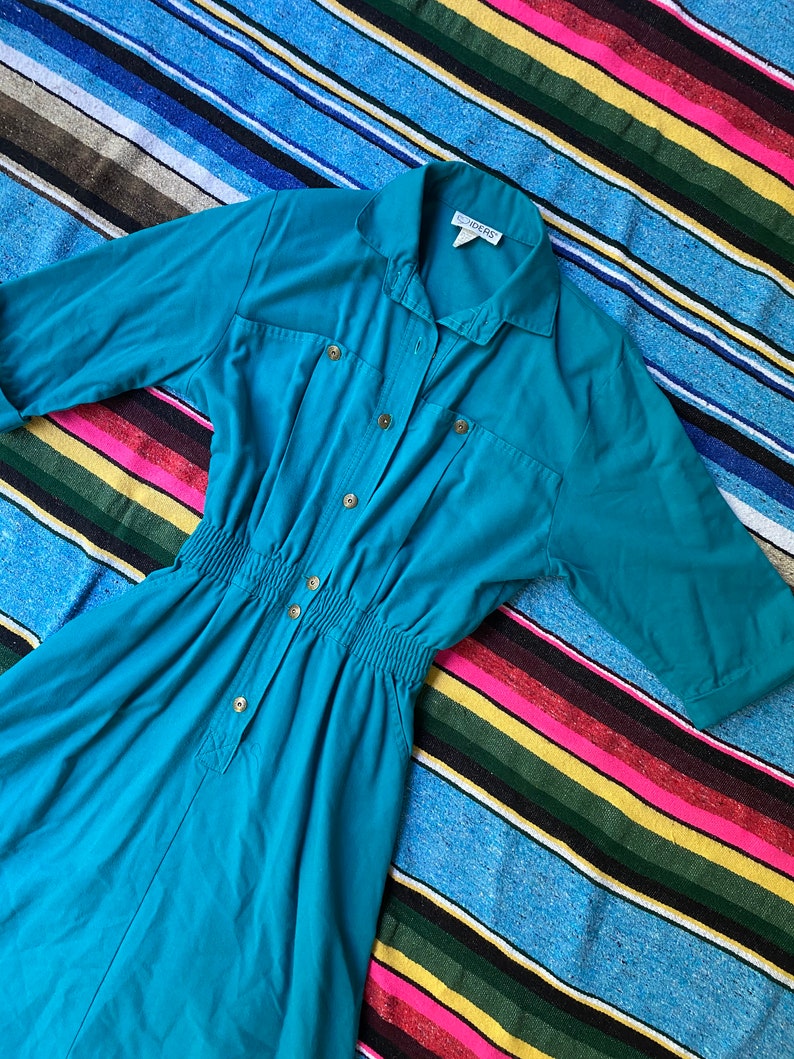 80/'s sz S Teal Ideas Button Down Collared Fit and Flare Elastic Waist Midi Shirtdress 1980/'s Vintage Mod Workwear Streetwear Small