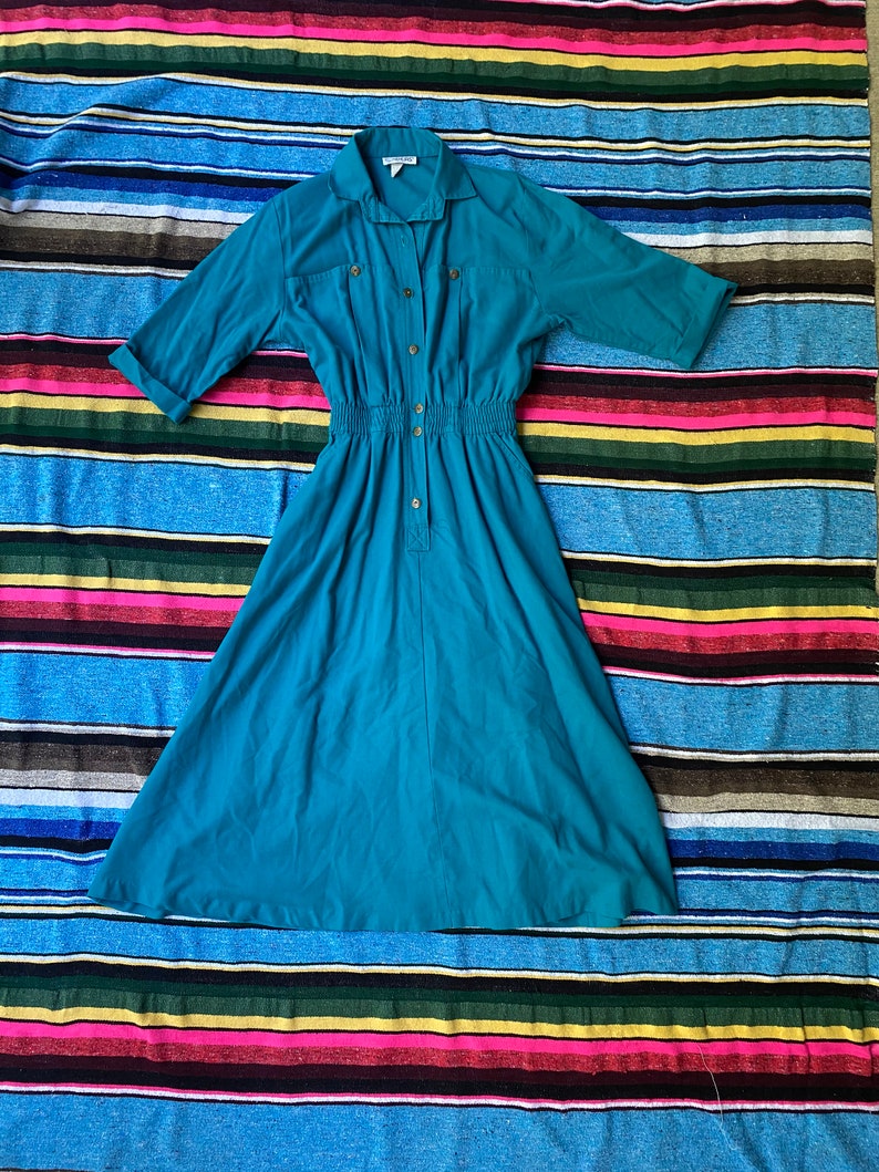 80/'s sz S Teal Ideas Button Down Collared Fit and Flare Elastic Waist Midi Shirtdress 1980/'s Vintage Mod Workwear Streetwear Small