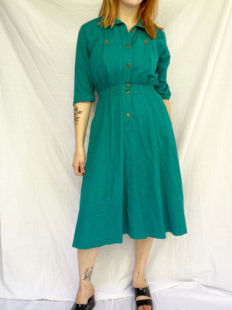 80/'s sz S Teal Ideas Button Down Collared Fit and Flare Elastic Waist Midi Shirtdress 1980/'s Vintage Mod Workwear Streetwear Small