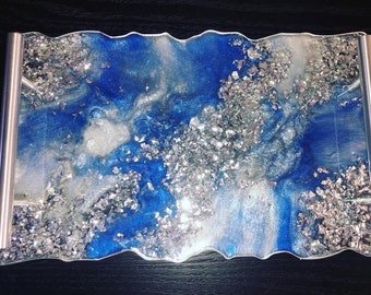 Geode Resinbricka Dekorativ marmorbricka med glitterunderlägg Set med resinunderlägg Serveringsbricka med havsvibbar