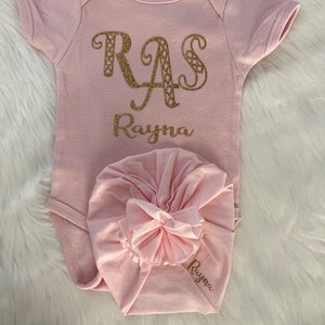 Personalized baby onesie and hat set. Newborn layette set for baby girl baby boy