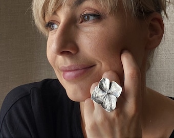 Große Blume Statement Ring, Sterling Silber Hortensie Ring, handgemachter Blumenschmuck