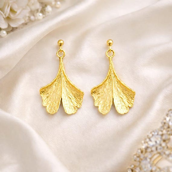 Real Ginkgo Leaf Earrings, Gold Dangle Leaf Earrings, Botanical