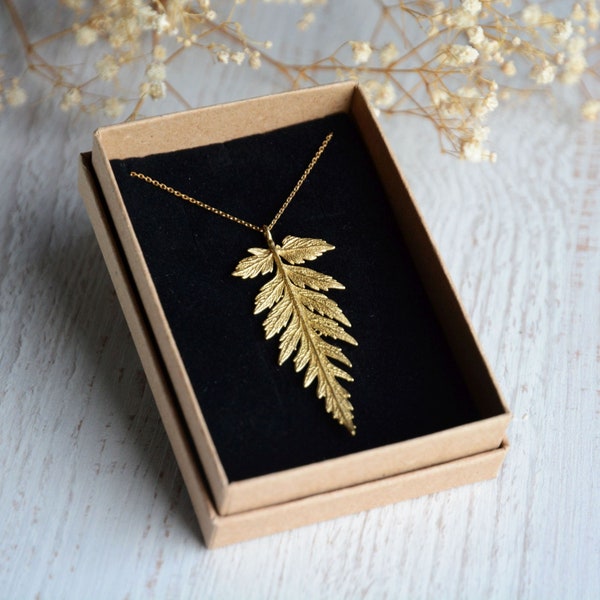 Gold fern leaf necklace with chain made from brass, Botanical jewelry Nature inspired plant lover gift, Connection to Nature symbol