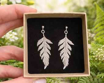 Silver fern earrings made from brass, Boho leaf earrings, Silver leaves jewelry, Nature-inspired jewelry, Botanical beauty Gifts for Her