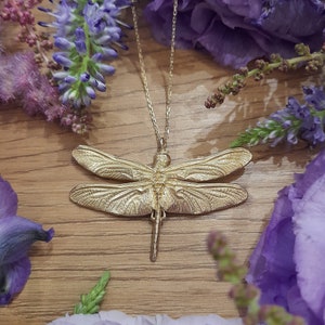Golden dragonfly fairy tail necklace, Statement brass pendant with chain, Damselfly Eye-catching jewelry, Entomologist gift idea