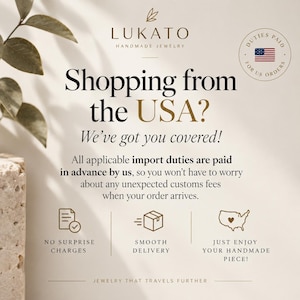 May include: A beige informational graphic for Lukato Handmade Jewelry featuring the text Shopping from the USA? We've got you covered! It includes a circular badge with a US flag, icons for no surprise charges, smooth delivery, and a heart-shaped map.