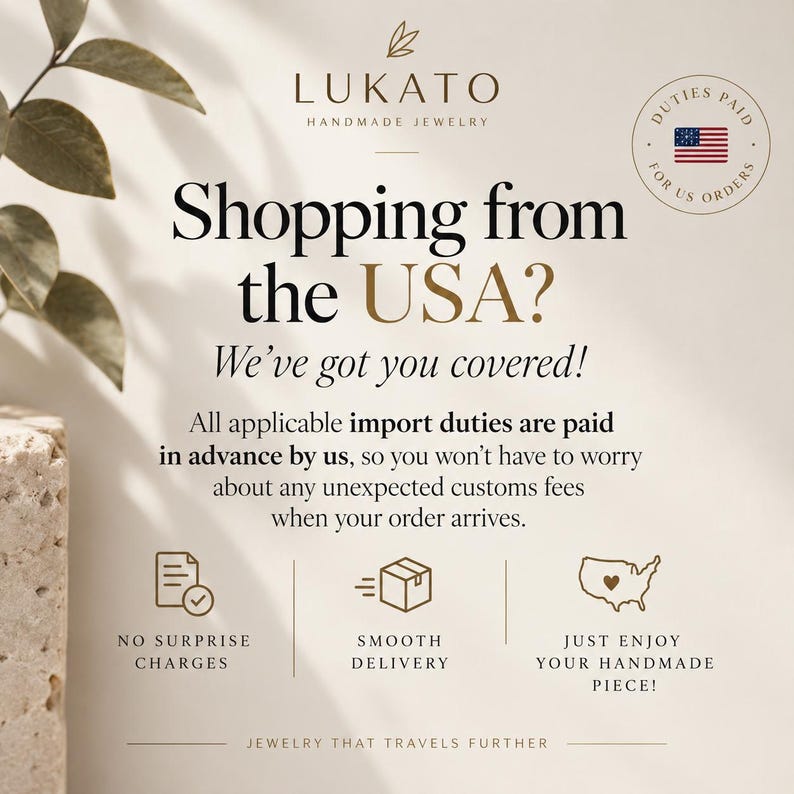 May include: A beige informational graphic for Lukato Handmade Jewelry featuring the text Shopping from the USA? We've got you covered! It includes a circular badge with a US flag, icons for no surprise charges, smooth delivery, and a heart-shaped map.
