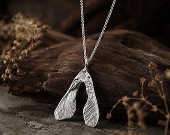 Silver samara Maple seed necklace, Plant pendant gift for her, Unique natural jewelry, Botanical gift for her, Nature lover jewelry