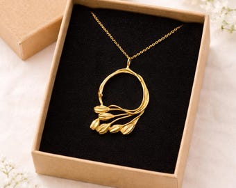 Gold twig whimsical necklace, Bohemian jewelry, Brass branch necklace gold plated chain, Lapsana communis plant necklace, Birthday gift