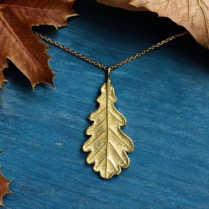 Gold oak leaf necklace from brass with chain, Quercus plant pendant, Botanical foliage jewelry, Strength and Durability talisman