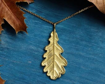 Gold oak leaf necklace from brass with chain, Quercus plant pendant, Botanical foliage jewelry, Strength and Durability talisman