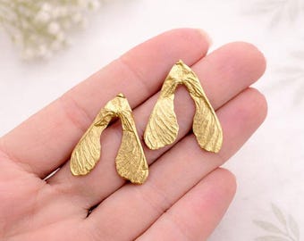 Samara maple stud earrings gold color, Botanical maple gift for wife, Bohemian plant jewelry, Hypoallergenic ear studs, Forest lover gift