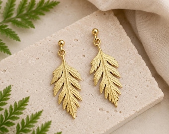 Gold fern leaf dangle earrings, Nature-inspired brass jewelry, Botanical gifts for wife, Fall jewelry inspired by plants, Hypoallergenic