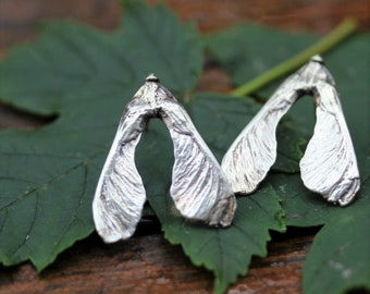 Silver maple samara stud earrings, Botanical maple gift for wife, Bohemian plant jewelry, Hypoallergenic ear studs, Forest lover gift idea