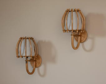 Pair of Bent Rattan Wall Sconce, Vintage Style, Farmhouse, Coastal Lighting