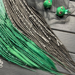 Synthetic dreadlocks thin twisted + fishtail braids ombre mint on green dark gray solid bandage and beads as a gift hair extensions