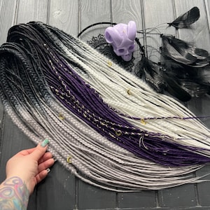 Synthetic dreads thin twisted + fishtail braids black and light gray ombre black and purple ombre black and white ombre bandage gold threads