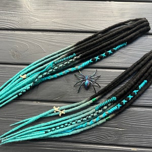 Wool Dreadlock Extension Clip: Black to Mint Ombre, Boho Hair Accessory
