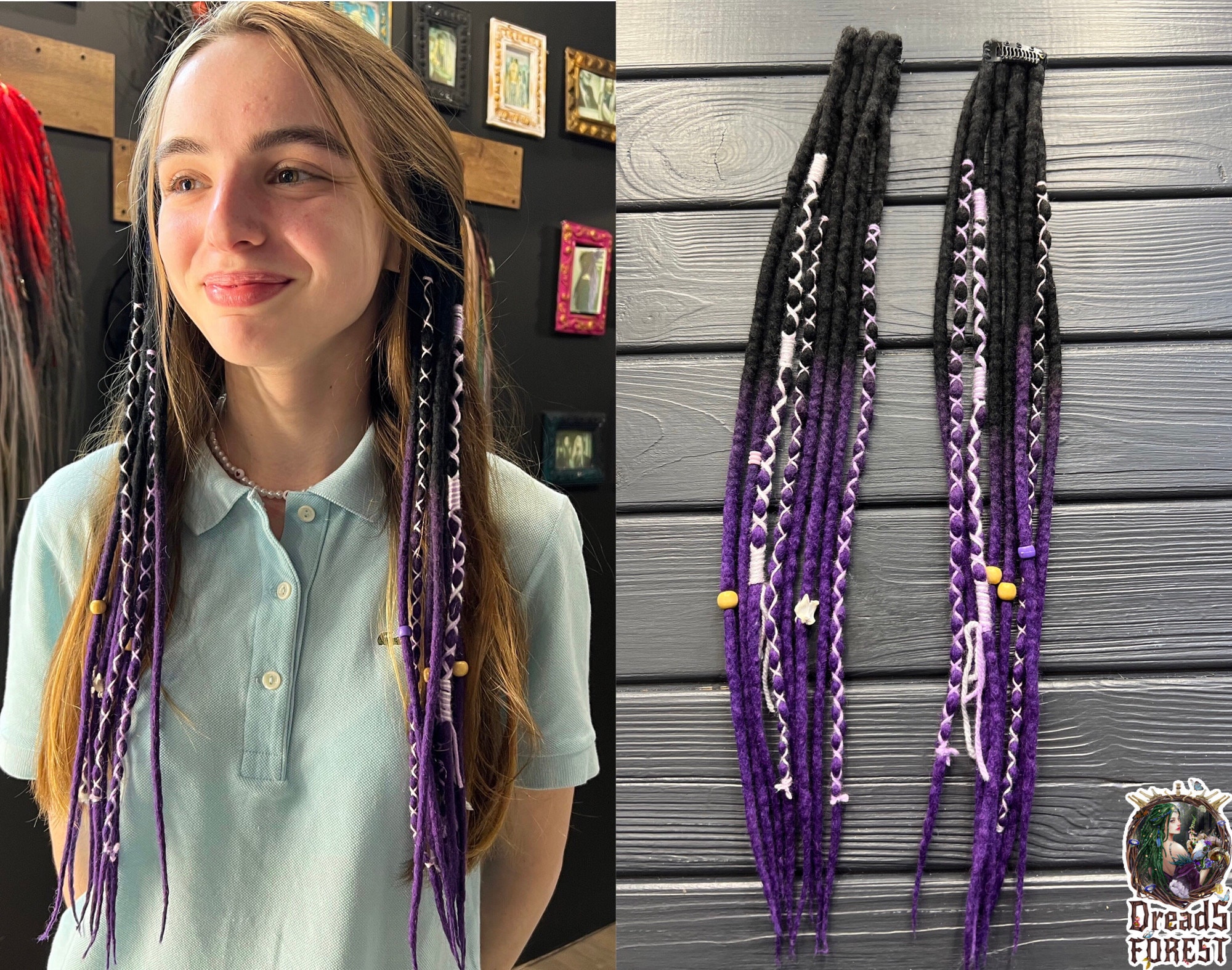 Wool Clip-in Dread Extensions - Ombre Black to Purple With  display picture 3