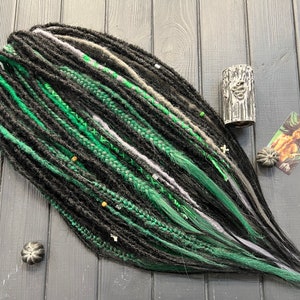 Natural look synthetic double ended dreads black shades of green shades of gray blends by hand hair extensions dreadlocks+fishtail braids