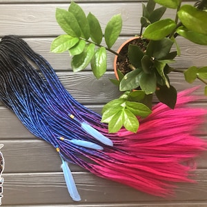 Ombre Synthetic Dreadlocks, Feather Accents (Black, Blue, Magenta, Pink)