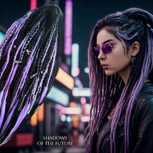 Può includere: Dreadlocks neri e viola con accenti argentati. Nell'immagine è presente anche una donna con occhiali da sole viola e dreadlocks abbinati. Il testo "Shadows of the Future" si trova nella parte inferiore dell'immagine. L'immagine è ambientata su uno sfondo urbano sfocato.