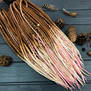 Dark blonde and ginger pink wool double ended dreads with FREE wooden beads wrapped