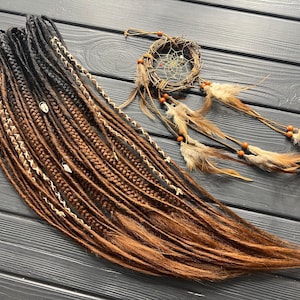 Synthetic dreads thin twisted + braids loose ends ombre black-brown chestnut bandage shell beads boho dreads extensions viking style
