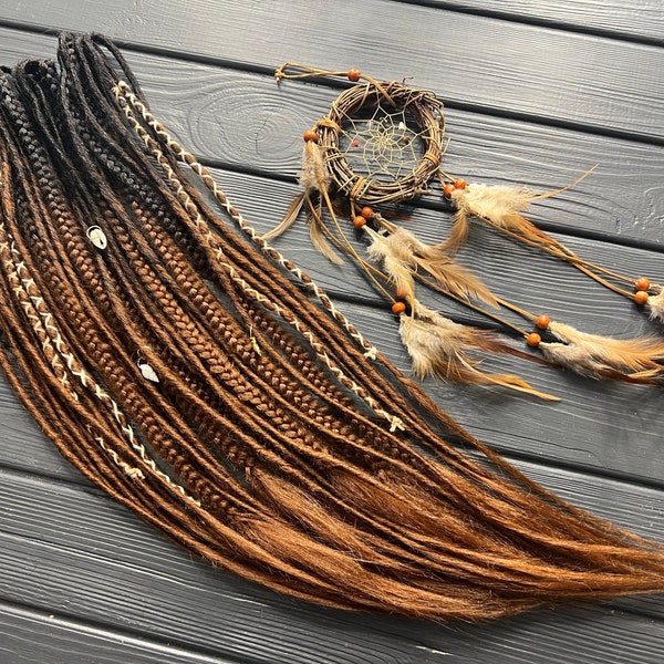 Synthetic dreads thin twisted + braids loose ends ombre black-brown chestnut bandage shell beads boho dreads extensions viking style