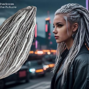 May include: A bundle of gray and white synthetic dreadlocks. The dreadlocks are arranged in a fan shape and are ready to be installed. The dreadlocks are a popular hairstyle for people who want a unique and edgy look.