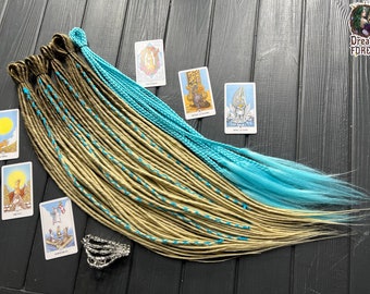 Ombre Brown Blonde Dreads with Blue Braids (Thin, 50-60cm Synthetic)
