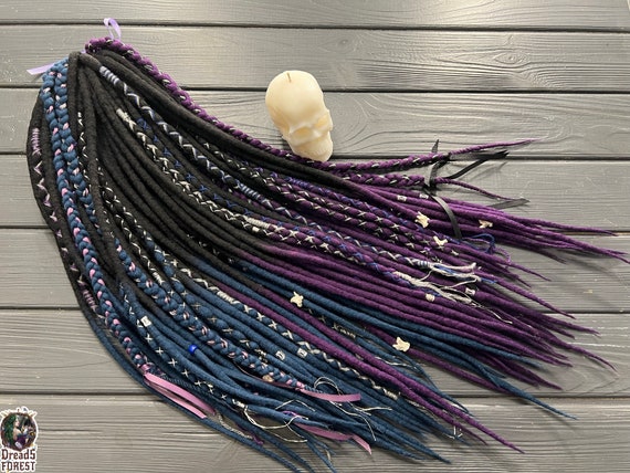Wool dreadlocks ombre black-purple, ombre-black-blue navy braids + dreadlocks, ribbons, bandage, bone beads as a gift