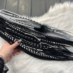 Wool dreadlocks black, light gray, platinum, white, bandage, feathers, free beads, dreadlocks+braids+Senegals boho viking style