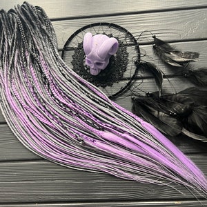 Dreads synthetic twisted ombre black and light gray dreadlocks, black and violet dreadlocks, braids, senegal bandage