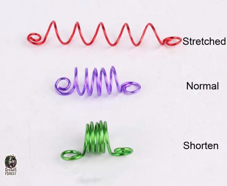 three different types of coiled wire: a red spiral, a purple spiral, and a green spiral. The image is labeled with the words "Stretched", "Normal", and "Shorten" to indicate the state of the coils.