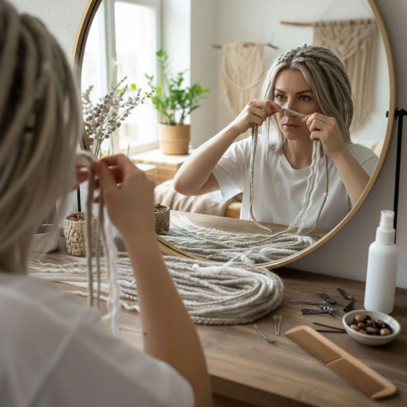 A woman with long blonde hair is seen in front of a mirror, tying her hair with a string. She is wearing a white shirt and is surrounded by various hair accessories, such as a hair tie and a hair clip.