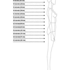 a model wearing a bustier, with a bust size of 8 inches (20 cm) and a waist size of 10 inches (30 cm).