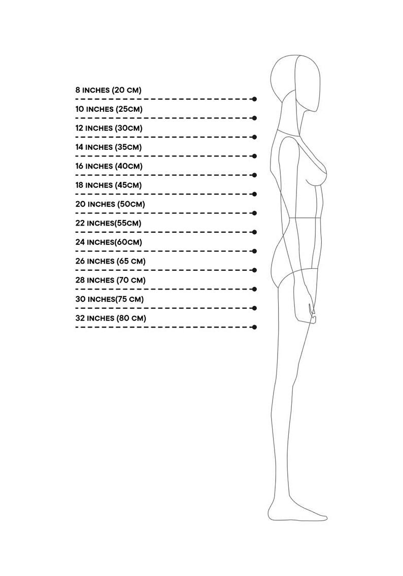 a model wearing a bustier, with a bust size of 8 inches (20 cm) and a waist size of 10 inches (30 cm).