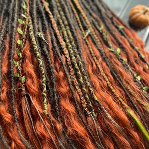 Mix natural look synthetic + braids + curls ombre dark brown red bronze green olive + fabric leaves leather cord beads skull raven as a gift