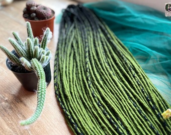 Ombre Black to Olive Khaki Synthetic Dreadlocks: Thin Twisted Extensions