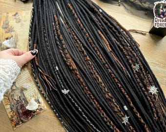 Dreadlocks ultra sottili in lana nera | Ciondoli in argento | Realizzati a mano negli Stati Uniti, stile foresta