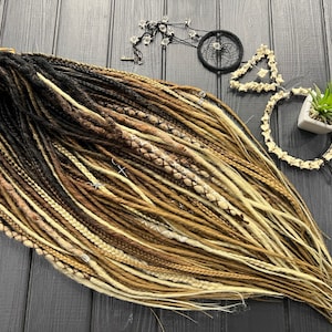 5 DE - 70 DE mix natural look style + thin twisted synthetic double ended dreads and braids ombre black-brown-blonde + natural colours