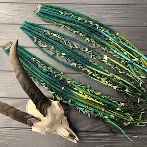 Emerald Green Ombre Wool Clip-in Dreads: Leaf Accents