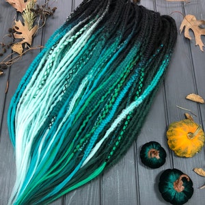 Natural look synthetic double ended black emerald mint salad forest green ombre dreads hair extensions dreadlocks boho single ended DE or SE
