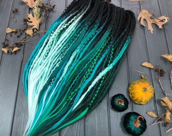 Natural look synthetic double ended black emerald mint salad forest green ombre dreads hair extensions dreadlocks boho single ended DE or SE